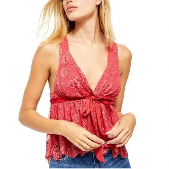 Free People Burnt Red Chante Lace Tank Top Frenchie Kiss Deep V NWT small - Picture 5 of 12